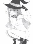  1girl absurdres armlet blush bow bracelet breasts candy_hat_ornament closed_mouth crescent crescent_earrings earrings footwear_bow gloves greyscale hand_on_headwear hand_on_own_hat hand_on_own_hip hat high_heels highres himemori_luna hololive jewelry long_hair looking_at_viewer monochrome nanashi_(nlo) nipples nude shoes simple_background skull_choker smile solo squatting star_(symbol) tongue tongue_out untied_bikini_bottom virtual_youtuber witch_hat 