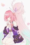  2girls bare_shoulders breasts coat cyrene_(aedes_elysiae)_(honkai:_star_rail) cyrene_(honkai:_star_rail) cyrene_(ripples_of_past_reverie)_(honkai:_star_rail) dress dual_persona falling_petals hair_ornament hand_on_own_chest highres honkai:_star_rail honkai_(series) jewelry long_hair mi_(27782900) multicolored_hair multiple_girls necklace petals pink_hair pointy_ears purple_coat seiza short_hair sitting small_breasts smile two-tone_hair very_long_hair white_dress white_hair 