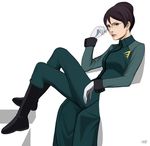  bad_id bad_pixiv_id brown_eyes brown_hair glasses gloves gundam gundam_00 itori_(clarice_note) kati_mannequin military military_uniform mole mole_under_mouth sitting solo uniform 