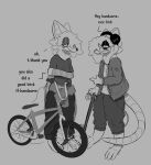 american_opossum anthro armwear batido_de_fresa bmx canid canine clothing duo electronics fox headphones hi_res male mammal marsupial skateboard speech_bubble vehicle