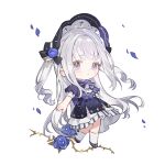  1girl :o ankle_socks beads black_bonnet black_bow blunt_bangs bonnet borrowed_character bow bowtie brooch buttons chibi chinese_commentary commentary_request cross cross_print dress drill_hair eyelashes eyes_visible_through_hair floating_hair flower grey_hair hair_beads hair_bow hair_flower hair_ornament highres jewelry layered_dress light_blush light_particles long_hair looking_at_viewer loose_hair_strand medium_dress original parted_lips petals pleated_dress print_dress print_headwear puffy_short_sleeves puffy_sleeves purple_bonnet purple_bow purple_bowtie purple_dress purple_eyes purple_flower purple_rose purple_shoes rose shoes short_sleeves simple_background socks solo standing striped_bow striped_bowtie striped_clothes thorns turtleneck turtleneck_dress twin_drills two-sided_fabric two-sided_headwear two_side_up very_long_hair white_background white_dress white_socks wind yanshuangjun 