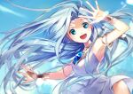  1girl armlet blue_eyes blue_hair blue_sky commentary_request day dress granblue_fantasy jewelry long_hair looking_at_viewer lyria_(granblue_fantasy) oboro_keisuke open_mouth outdoors outstretched_arm sky solo very_long_hair white_dress 