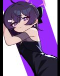  1girl ahoge bare_shoulders black_dress blue_archive blush bow breasts closed_mouth dress earrings frown hair_bow hair_ornament hairclip halo haruka_(blue_archive) haruka_(dress)_(blue_archive) highres jewelry jorang_(jorang08) long_hair pillarboxed purple_eyes purple_hair raised_eyebrows sleeveless sleeveless_dress small_breasts solo 