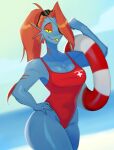 2025 animal_humanoid beach blue_body blue_skin breasts clothing collarbone eye_patch eyewear eyewear_on_head female fish fish_humanoid glistening glistening_body glistening_thighs hair hand_on_hip hi_res humanoid life_ring lifeguard lifeguard_swimsuit marine marine_humanoid newsigridzboonx one-piece_swimsuit ponytail red_hair sharp_teeth smile solo sunglasses sunglasses_on_head swim_ring swimwear teeth undertale_(series) undyne yellow_eyes