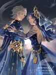  1boy 1girl ada_mesmer ada_mesmer_(everlasting_dream) backless_outfit blue_capelet blue_dress blue_eyes blue_hair blue_lips bridal_veil capelet couple cowboy_shot dress emil_(identity_v) emil_(tracing_light)_(identity_v) gold_trim hair_pulled_back hanaochi_pic hand_on_another&#039;s_shoulder hetero highres identity_v jewelry long_hair looking_at_viewer off_shoulder purple_eyes see-through_clothes see-through_sleeves single_hair_intake twitter_username veil watermark wavy_hair white_hair white_veil 