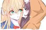  2girls black_hair blonde_hair blue_jacket blush bow braid breasts green_eyes hair_ribbon half_up_braid heaven_burns_red hood hood_up hooded_jacket jacket kiss kissing_cheek long_hair long_sleeves multiple_girls red_bow ribbon tail toujou_tsukasa tsuki_mi925 white_background white_ribbon yuri 