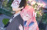  1boy 1girl ^_^ ahoge black_hair black_necktie blue_archive blue_sailor_collar blurry blurry_background blush bow bowtie braid closed_eyes closed_mouth collared_shirt commentary_request day doodle_sensei_(blue_archive) dress_shirt dutch_angle from_side grey_suit hair_bow halo hanako_(blue_archive) hetero highres holy-san_(makuu) hug hug_from_behind id_card long_hair necktie outdoors paper_on_head park parted_lips pink_bow pink_bowtie pink_hair pink_halo rain rainbow sailor_collar school_uniform sensei_(blue_archive) serafuku shirt short_hair sidelocks single_braid smile split_mouth story_in_commentary suit sunlight trinity_general_school_logo tsurime upper_body wet wet_clothes wet_hair wet_shirt white_bow white_shirt 