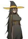  1girl bags_under_eyes belt big_bird_(project_moon) black_cape black_dress black_hair breasts cape chromatic_aberration closed_eyes closed_mouth collarbone colored_sclera dress extra_eyes hair_over_one_eye hat highres large_breasts lobotomy_corporation long_hair messy_hair misg1111 one_eye_covered personification project_moon ringed_eyes simple_background smile solo white_background witch_hat yellow_eyes yellow_sclera 