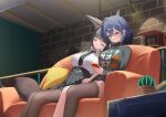  2girls animal_ear_fluff animal_ears aqua_jacket arm_out_of_sleeve belle_(zenless_zone_zero) belt black_hair black_necktie black_shirt black_skirt blue_eyes blue_hair breasts brown_pantyhose cactus cellphone closed_eyes couch cowboy_shot crossed_bangs earrings fox_ears fox_girl hair_between_eyes head_on_another&#039;s_shoulder high-waist_skirt highres hino_kagutsuki holding holding_hands holding_phone hoshimi_miyabi indoors jacket jewelry long_hair looking_at_phone medium_breasts multiple_girls necklace necktie on_couch open_mouth orange_nails pantyhose phone pillow plant potted_plant print_shirt shirt shirt_tucked_in short_hair single_thighhigh sitting skirt thighhighs white_shirt yuri zenless_zone_zero 