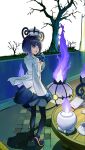  1girl :o bare_tree black_dress black_pantyhose black_shoes blue_gloves blunt_bangs bob_cut chandelure coat dress gloves gwynn_(pokemon) hat highres imageprogram_(kent) lamppost long_sleeves open_mouth pantyhose partially_fingerless_gloves pokemon pokemon_(creature) pokemon_legends:_z-a purple_eyes purple_hair shoes short_hair tree white_coat 