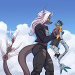 absurd_res aloha_shirt alvarezsaurid alvarezsaurus anthro cavemanon_studios clothed clothing dinosaur duo fan_character fangs feathered_scalie feathered_tail feathers female fycroh goodbye_volcano_high hair hi_res highlights_(coloring) horn jaro ko_op_(game_developer) larger_female long_tail macro male male/female micro pattern_clothing pattern_shirt pattern_topwear prehistoric_species reptile saurischian scalie shirt size_difference smaller_male snoot_game tail teeth theropod topwear troodon troodontid vee_(veedway) white_hair white_highlights