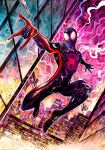  1boy abstract_background animal_print artist_name black_bodysuit black_mask bodysuit building city city_lights cityscape colorful_background commentary dynamic_pose english_commentary highres male_focus marvel mask mask_on_head miles_morales multicolored_bodysuit night night_sky outdoors print_bodysuit red_bodysuit reflection signature silk sky skyline skyscraper spider-man_(miles_morales) spider-man_(series) spider_print spider_web spider_web_print superhero_costume swinging_on_rope two-tone_bodysuit vinartwork white_eyes 