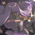  1girl dark-skinned_female dark_skin dress gloves hand_up holding holding_poke_ball jacinthe_(pokemon) juliet_sleeves long_hair long_sleeves looking_at_viewer luxury_ball open_mouth outstretched_arm poke_ball pokemon pokemon_legends:_z-a puffy_sleeves purple_dress purple_eyes purple_hair shinpu_(oresinpu) smile solo teeth upper_body upper_teeth_only very_dark_skin white_gloves 