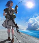  1girl absurdres ammunition_pouch artist_name assault_rifle backlighting blue_sky brown_gloves brown_shoes buttons cable canteen chest_rig cloud collarbone commentary commission double-breasted english_commentary flashlight from_side full_body gloves gun gun_sling highres holding holding_walkie-talkie horizon laser_sight legs lens_flare load_bearing_equipment loafers looking_to_the_side m16 m16a2 magazine_(weapon) muzzle_device neck_ribbon ocean open_mouth orange_eyes original pleated_skirt pouch purple_hair purple_ribbon purple_trim radio_antenna ribbon rifle sailor_collar school_uniform sci_(31134306) shadow shirt shoes short_hair short_sleeves skirt sky socks solo standing sunlight tactical_clothes tape thighs trigger_discipline walkie-talkie water weapon white_shirt white_skirt white_socks 