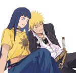  1boy 1girl belt black_choker black_hair black_jacket blonde_hair blue_eyes boruto:_two_blue_vortex brown_belt choker closed_eyes cosplay crop_top cropped_shirt facial_mark highres hyuuga_hinata jacket naruto_(series) naruto_shippuuden notane_n pin shirt smile t-shirt uzumaki_boruto uzumaki_boruto_(cosplay) uzumaki_himawari uzumaki_himawari_(cosplay) uzumaki_naruto whisker_markings 