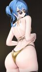  1girl absurdres adjusting_clothes adjusting_swimsuit ass ass_focus back bikini black_bikini blue_eyes blue_hair blush breasts closed_mouth from_behind gold_bikini hair_ribbon highres hololive hoshimachi_suisei laimer layered_bikini looking_back ribbon side_ponytail simple_background skindentation solo star_(symbol) star_in_eye sunglasses swimsuit symbol_in_eye thigh_strap virtual_youtuber 