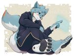 anthro blue_body blue_eyes blue_fur bottomwear canid canine canis clothing fur hair hi_res hoodie male mammal multicolored_body multicolored_fur pants pawpads pose smile solo topwear two_tone_body two_tone_fur wanzi wolf