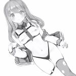  1girl absurdres ahoge areola_slip blush breasts chest_belt chest_harness closed_mouth ear_piercing earrings fingernails greyscale harness heart heart_earrings highres himemori_luna himemori_luna_(streetwear) hololive jacket jewelry long_hair long_sleeves looking_at_viewer monochrome nanashi_(nlo) navel necktie nipple_slip nipples o-ring o-ring_harness o-ring_thigh_strap open_clothes open_jacket panties piercing ribbed_shirt shirt simple_background single_thighhigh solo star_o-ring stomach thigh_strap thighhighs thighs torn_clothes torn_thighhighs underboob underwear virtual_youtuber white_background 