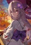  1girl absurdres autumn autumn_leaves brown_hair commentary_request double-parted_bangs evening grin hair_between_eyes hair_ornament hairclip herta_(honkai:_star_rail) highres holding holding_umbrella honkai:_star_rail honkai_(series) japanese_clothes kimono leaf long_hair long_sleeves looking_at_viewer looking_back obi outdoors parallel_hairclips purple_eyes purple_sash rererere_mon sash smile solo sunset umbrella upper_body white_kimono yukata 