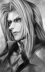  blue_eyes final_fantasy final_fantasy_vii greyscale kink long_hair male_focus monochrome nose sephiroth solo spot_color 