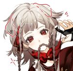  1girl black_gloves cloak drawn_ears fingerless_gloves gloves grey_hair hair_in_own_mouth hand_up light176 looking_at_viewer medium_hair portrait quad_braids red_cloak red_eyes reverse:1999 rubuska solo 