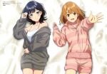  2girls absurdres anifar_inc. aomi_haru black_hair blue_eyes blush breasts brown_eyes brown_hair camisole chitose-kun_wa_ramune_bin_no_naka cleavage closed_mouth collarbone grey_jacket grey_shorts highres jacket long_hair long_sleeves looking_at_viewer medium_breasts medium_hair multiple_girls nanase_yuzuki official_art open_mouth outstretched_arm pink_jacket pink_shorts scan shorts smile standing strap_slip striped_clothes striped_jacket white_camisole 