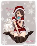  brown_hair christmas gift green_eyes hat holding holding_gift original ri-ko sack santa_costume santa_hat shorts snowflakes solo thighhighs 