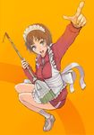  arm_up blue_eyes broom brown_hair honoji maid maid_headdress orange_background original pointing shoes sneakers solo 