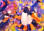  1girl blue_eyes boots breasts chikinan_tarou dress elizabeth_bathory_(fate) elizabeth_bathory_(halloween_caster)_(fate) fate/grand_order fate_(series) halloween hat high_heel_boots high_heels horns long_hair one_eye_closed painting_(medium) pink_hair pointy_ears small_breasts solo thighhighs traditional_media v watercolor_(medium) wings witch_hat 