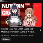  2girls animal_ears apron ayunda_risu ayunda_risu_(1st_costume) beret blaparky blue_eyes blue_hair brown_hair green_eyes hat highres hololive hololive_english hololive_indonesia jacket kronii_coin_(meme) looking_at_viewer maid maid_apron meme multiple_girls official_alternate_costume ouro_kronii ouro_kronii_(4th_costume) own_hands_together pink_hat pink_jacket shirt smile squirrel_ears squirrel_girl squirrel_tail tail virtual_youtuber white_apron white_hat white_shirt 