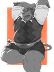 2025 alder_(shanghaiohmy) anthro argyle_(pattern) argyle_clothing arm_tuft arms_above_head beard bodily_fluids body_hair bottomwear clothed clothing collared_shirt digital_drawing_(artwork) digital_media_(artwork) dress_shirt elbow_tuft exposed_belly eyebrows eyes_closed facial_hair fangs felid gamubear greyscale happy_trail hi_res lion male mammal mane monochrome musclegut muscular muscular_calves muscular_legs muscular_thighs navel open_mouth pantherine pattern_clothing pinup pose rolled_up_sleeves shirt shorts simple_background solo stretching sweater sweater_vest tail tail_tuft tears teeth thick_eyebrows tongue topwear tuft tummy_peek uvula vest whisker_spots yawn