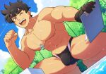  1boy abs aopanda bara black_gloves black_hair black_male_swimwear blush bright_pupils bulge chain-link_fence clenched_hand clipboard fence forked_eyebrows gloves holding holding_clipboard jigoku_sensei_nube large_pectorals looking_at_viewer male_focus male_swimwear muscular muscular_male nipples nueno_meisuke one_eye_closed pectorals poolside red_eyes short_hair single_glove smile solo sparkle squatting sweat swim_briefs teeth thick_eyebrows upper_teeth_only whistle whistle_around_neck white_pupils 