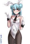  1girl absurdres animal_ear_hairband animal_ears ass_visible_through_thighs black_neckerchief black_pantyhose blue_hair blush breasts brown_eyes collar commentary_request covered_navel cowboy_shot detached_collar double_bun fake_animal_ears gloves hair_between_eyes hair_bun hairband highleg highleg_leotard highres kantai_collection leotard looking_at_viewer medium_hair neckerchief one-hour_drawing_challenge open_mouth pantyhose playboy_bunny rabbit_ear_hairband rabbit_ears samuel_b._roberts_(kancolle) sidelocks simple_background small_breasts solo standing strapless strapless_leotard tf_cafe twitter_username white_background white_gloves white_hairband white_leotard 