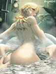  2boys alhaitham_(genshin_impact) ass back bathing bathroom bathtub blonde_hair blush completely_nude genshin_impact highres kaveh_(genshin_impact) long_hair looking_back male_focus mixed-sex_bathing mn multiple_boys nude red_eyes same-sex_bathing shared_bathing tongue tongue_out yaoi 