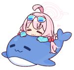  1girl :3 ahoge blue_archive blush chibi chibi_only closed_eyes closed_mouth commentary_request eyewear_on_head hair_bobbles hair_ornament halo heart hoshino_(blue_archive) hoshino_(swimsuit)_(blue_archive) long_hair low_twintails official_alternate_costume pink_hair pink_halo simple_background smile solo stuffed_whale sunglasses twintails white_background yoru_nai 
