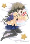  airmi brown_hair clannad hikarizaka_private_high_school_uniform ibuki_fuuko long_hair pantyhose pillow pillow_hug school_uniform sleeping solo starfish 