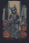ambiguous_gender anthro artist_name backlighting biped bone bottomless canid canine canis claws clothed clothing costume detailed_background digital_drawing_(artwork) digital_media_(artwork) fur glowing glowing_eyes halloween halloween_costume hi_res holidays hoodie jack-o&#039;-lantern light lighting looking_at_viewer mammal mawfulme mouth_closed multicolored_body multicolored_fur shaded skeleton_costume skull skull_head solo text topwear two_tone_body two_tone_fur wolf
