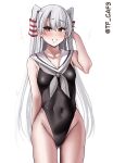  1girl absurdres adjusting_hair amatsukaze_(kancolle) arm_up ass_visible_through_thighs black_one-piece_swimsuit blush breasts brown_eyes collarbone commentary_request covered_navel cowboy_shot grey_neckerchief hair_between_eyes hair_tubes highleg highleg_one-piece_swimsuit highres kantai_collection long_hair looking_at_viewer neckerchief one-hour_drawing_challenge one-piece_swimsuit open_mouth sailor_collar sailor_one-piece_swimsuit sidelocks simple_background small_breasts solo sparkle standing swimsuit tf_cafe triangle_mouth twitter_username two_side_up very_long_hair white_background white_hair white_sailor_collar 