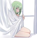  1girl absurdres arm_support bright_pupils commentary curtain_grab curtains from_side green_hair hand_up highres implied_nudity korean_commentary long_hair looking_at_viewer looking_to_the_side maksagwa purple_eyes sitting solo stellive straight_hair sweat white_pupils window yuzuha_riko 