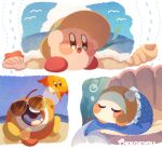  :d beach blue_eyes blush_stickers brown_hat clam_shell cloud commentary day fins fish_tail hat highres kirby kirby_(series) no_humans open_mouth outdoors signature smile summer sun sun_hat tail tokkakyou waddle_dee waddle_doo 