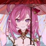  1girl absurdres bell breasts chinese_commentary commentary_request elf elysia_(herrscher_of_human:_ego)_(honkai_impact) elysia_(honkai_impact) elysia_(peachy_spring)_(honkai_impact) flower hair_bell hair_flower hair_ornament highres holding holding_umbrella honkai_(series) honkai_impact_3rd large_breasts long_hair looking_at_viewer official_alternate_costume oil-paper_umbrella parted_lips pink_hair pointy_ears purple_eyes qianzao_a_nong_yi_dongbudong smile solo umbrella upper_body very_long_hair 