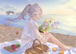  1girl absurdres apple barefoot basket beach bottle bouquet charcuterie earrings elf floating_hair food frieren fruit full_body grapes green_eyes grey_hair highres holding holding_bouquet ikachyu jewelry long_hair looking_at_viewer ocean orange_(fruit) orange_slice outdoors parted_bangs pointy_ears shirt sitting solo sousou_no_frieren twintails twitter_username white_shirt wind 