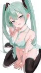  1girl 200f_(nifu) absurdres arm_support arm_tattoo bare_arms between_legs black_boots blush boots bra breasts breath cleavage collarbone commentary crossed_bangs from_above full_body green_bra green_eyes green_hair green_nails green_necktie green_panties green_trim hair_between_eyes hair_ornament hand_between_legs hatsune_miku head_tilt highres lingerie long_hair looking_at_viewer medium_breasts navel necktie number_tattoo open_mouth panties shadow sidelocks simple_background sitting solo stomach sweatdrop symbol-only_commentary tattoo thigh_boots tie_clip twintails underwear underwear_only very_long_hair vocaloid wariza white_background 