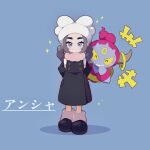  +++ 1girl afuron ansha_(pokemon) black_coat black_shoes blue_background blue_eyes character_name closed_mouth coat commentary_request eyelashes happy hat highres hoopa hoopa_(confined) leg_warmers long_hair looking_at_viewer pink_scarf pokemon pokemon_(creature) pokemon_legends:_z-a scarf shoes smile sparkle standing white_hat 