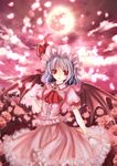  ascot bad_id bad_pixiv_id bat_wings blue_hair brooch cowboy_shot dress flower full_moon hat jewelry looking_at_viewer mob_cap moon moonlight nozomi_fuuten petals pink_dress puffy_short_sleeves puffy_sleeves red_eyes red_moon remilia_scarlet rose rose_petals short_hair short_sleeves skirt skirt_set smile solo touhou wings wrist_cuffs 