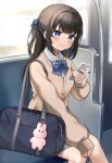  1girl animal_charm bag black_hair blue_bow blue_bowtie blue_eyes blue_ribbon blush bow bowtie brown_cardigan buttons cardigan cellphone charm_(object) closed_mouth commentary feet_out_of_frame grey_skirt hair_ribbon highres holding holding_phone long_hair long_sleeves looking_at_viewer minami_saki original phone rabbit_charm ribbon school_bag school_uniform signature sitting skirt smartphone smile solo symbol-only_commentary train_interior 