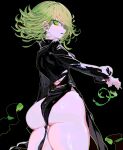  1girl ass black_background black_dress disgust dress green_eyes green_hair highres one-punch_man tatsumaki thick_thighs thighs torn_clothes usa37107692 