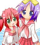  blue_eyes green_eyes hair_ribbon hiiragi_tsukasa kobayakawa_yutaka lucky_star minami_(colorful_palette) multiple_girls pink_neckwear purple_hair red_hair ribbon ryouou_school_uniform school_uniform serafuku short_hair short_twintails twintails 