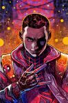  1boy \n/ abstract_background animal_print black_bodysuit black_hair bodysuit buzz_cut city colorful_background commentary dark-skinned_male dark_skin english_commentary gloves highres hood hooded_bodysuit hoodie jacket male_focus marvel miles_morales multicolored_bodysuit portrait print_bodysuit red_bodysuit red_gloves red_hoodie short_hair solo spider-man_(miles_morales) spider-man_(series) spider_print spider_web_print superhero_costume two-tone_bodysuit unworn_hoodie upper_body very_short_hair vinartwork 