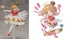  1girl :o antenna_hair brown_hair cardcaptor_sakura chibi crown dress elbow_gloves frilled_dress frills full_body gloves green_eyes hair_intakes highres holding holding_wand hoshi_no_tsue ichisaku kinomoto_sakura open_mouth red_crown red_dress red_shoes reference_inset shoes short_hair short_sleeves standing thighhighs wand white_background white_gloves white_thighhighs 